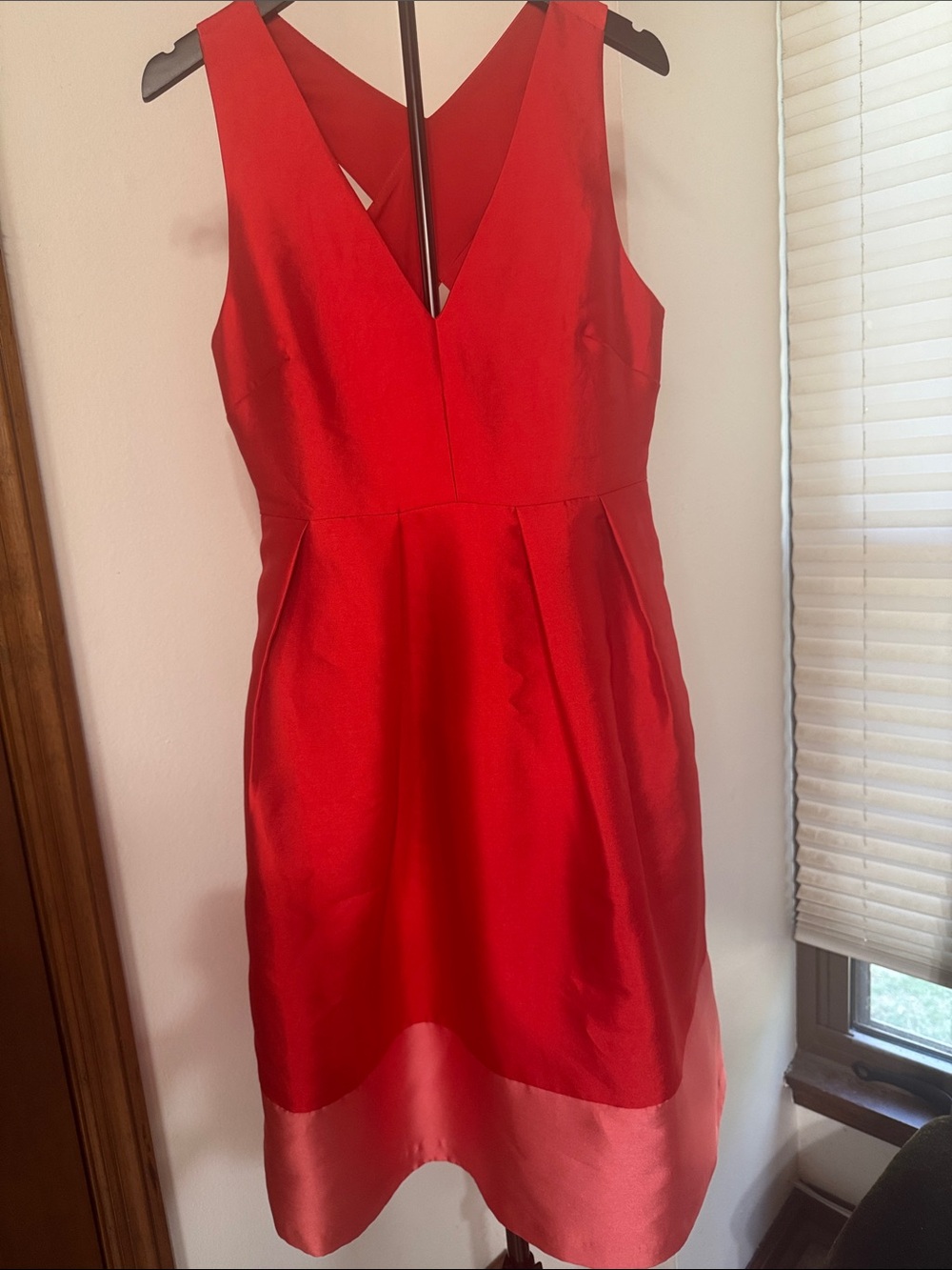 Maeve Red Sleeveless V-Neck Midi Dress with Contrast Hem. Perfect holiday dress.